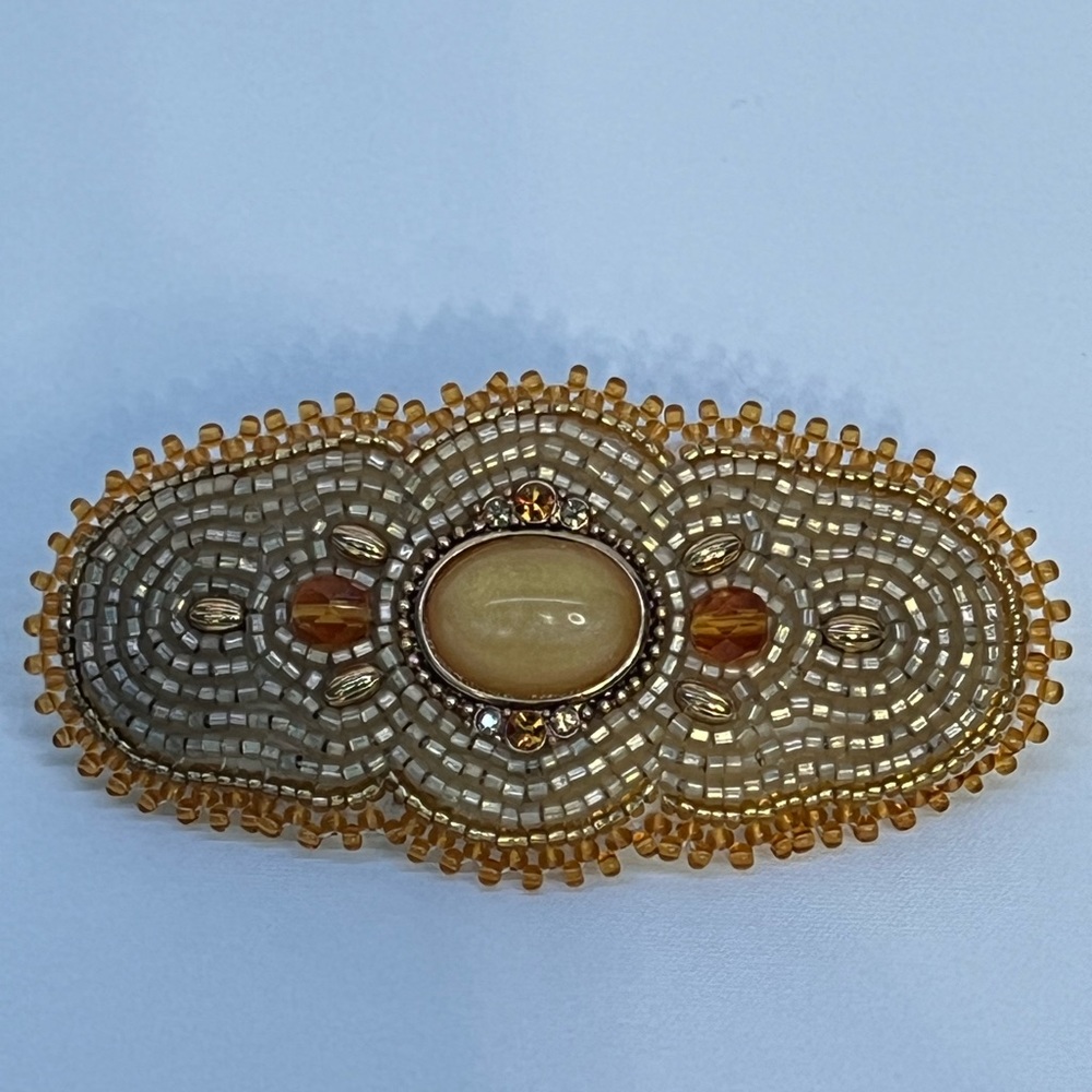 Handmade Alaska Native Beaded Barrette with dark orange vintage glass bead color